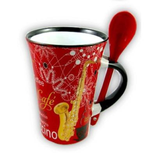 Cappuccino Tasse Saxophon mit Loeffel red