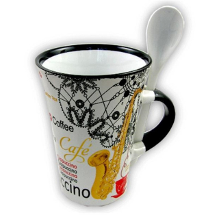 Cappuccino Tasse mit Loeffel Saxophon